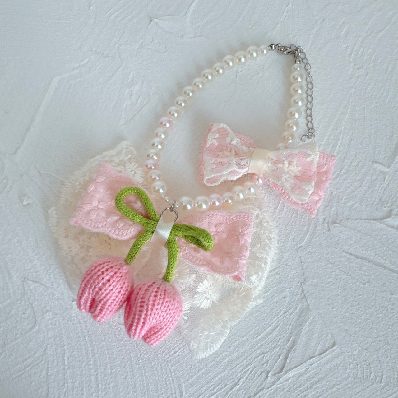 チューリップリボンネックレスとおリボンのセット（２サイズ）