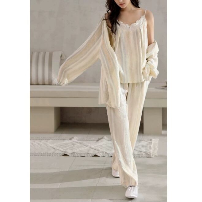 【M-2XL】multi stripe pattern camisole cardigan style pajamas p1742