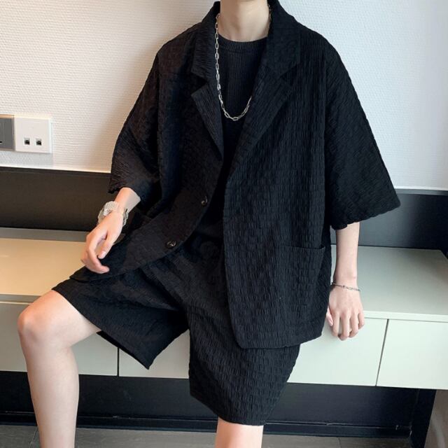 【予約販売】メンズ スーツ 無地 オーバーサイズ 半袖 男前 ジャケット ハーフパンツ ブラック ホワイト セットアップ パーティ パーティー 二次会 結婚式 M/L/XL/2XL