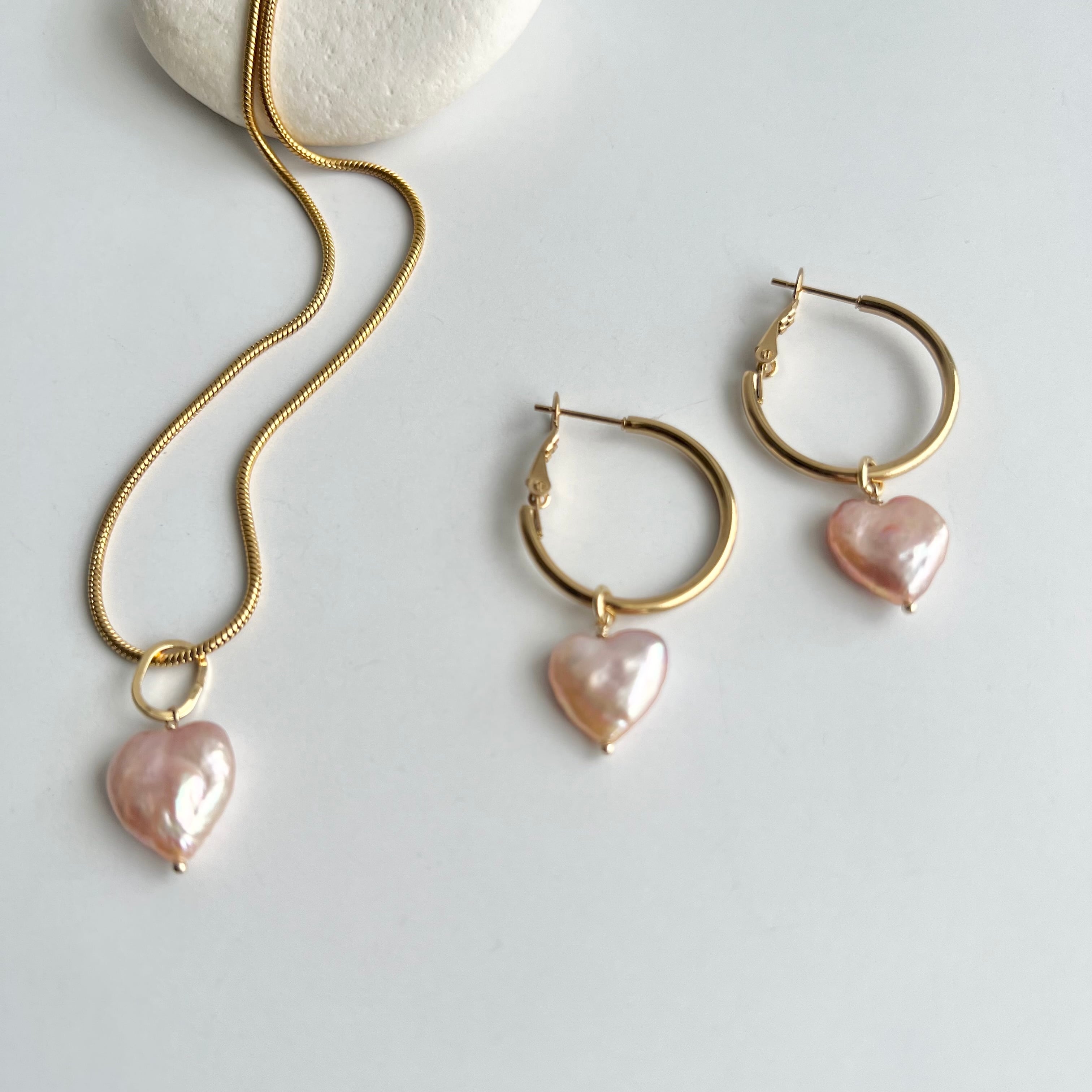 ピンクハート淡水パールフープピアス /イヤリング | Handmade Accessory MU