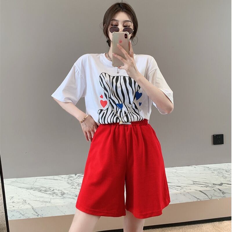 プリントルーズTシャツ トップス ハイウェストウェストワイドレッグカジュアルショーツ ブルマー ワイドパンツ ハンチェンe25498892876