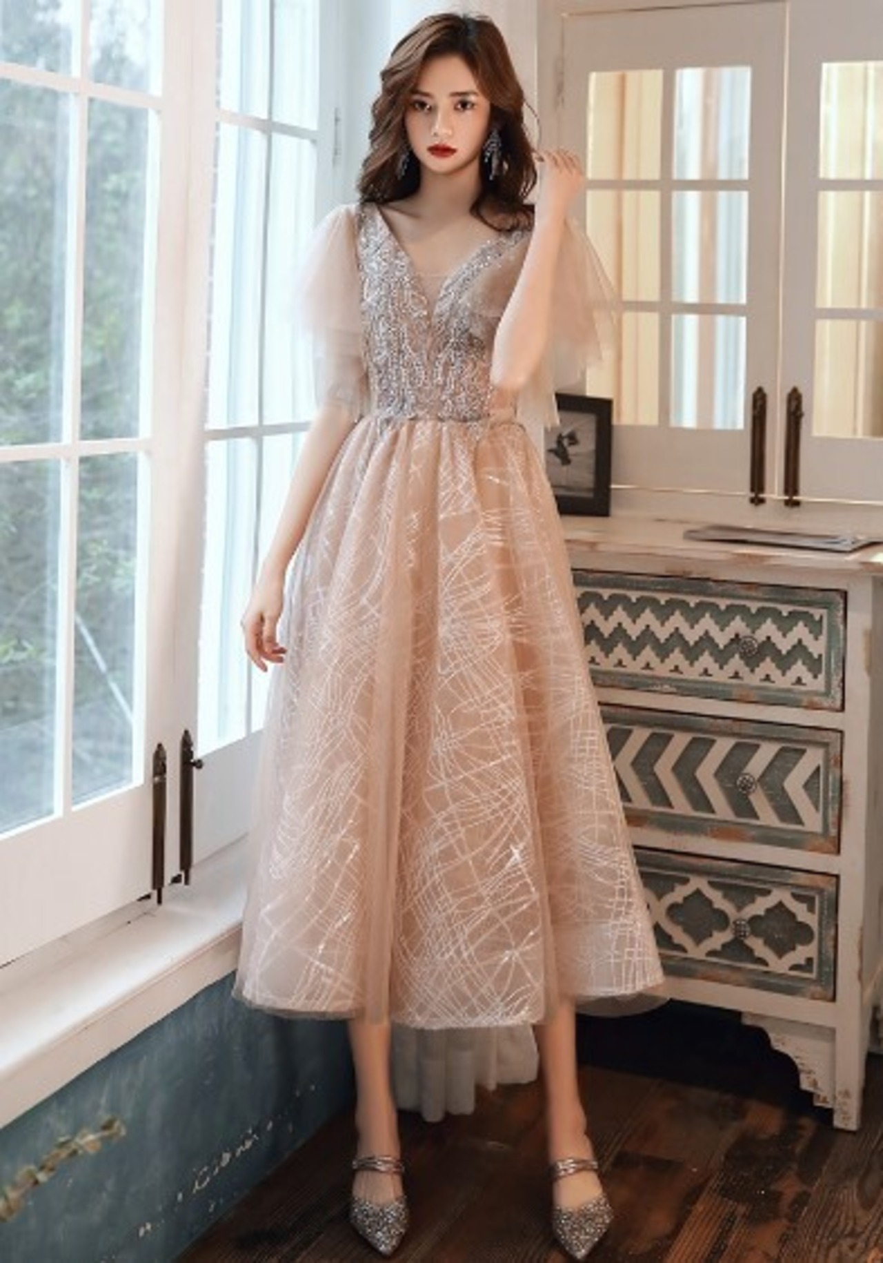 美品！ イブニングドレス ミモレ丈 エレガント Vネック 編み上げ 細  