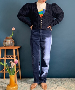 【送料無料】70's Navy Wool Puff Sleeved Cropped Cardigan