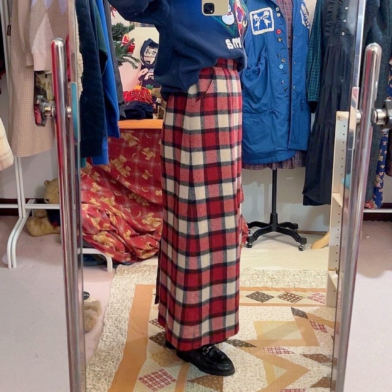 red block check wool long skirt