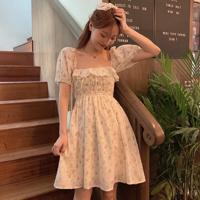フローラルドレス サマースタイルスリーブウェストスリムスカート 大人ガーリー スウィート キュート カジュアル 夏物 花柄 スクウェア 萌量不足78796709274