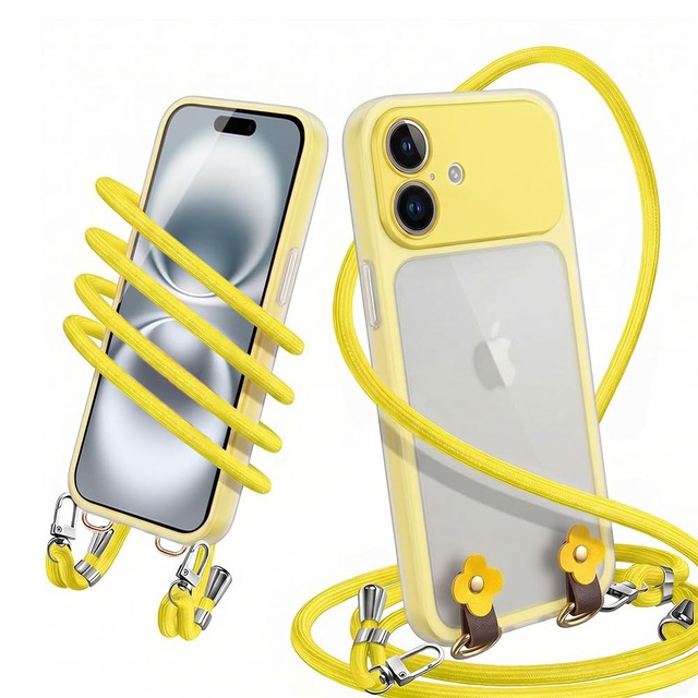 対応 iPhone 16 ケース ショルダー 半透明 薄型 耐衝撃 可愛い 花柄デザイン(イエロー)