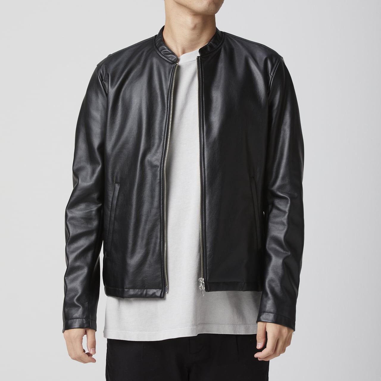 MEN ブルゾン シングルライダースジャケット フェイクレザー ブラック