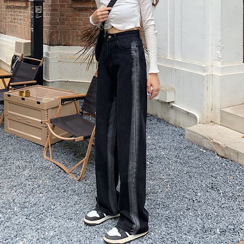 スプリングオータムブラックジーンズ ハイウェスト薄手パンツ ルーズ 春物 秋物 試着室79111331625