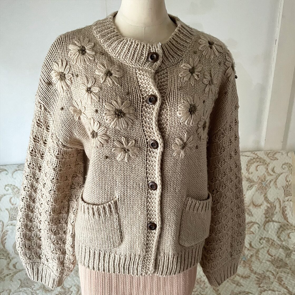 90s マーガレット刺繍 ニットカーディガン レトロヴィンテージ古着 