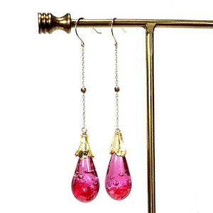 10金 ゴールドピアス  ガラスジュエリー  (ピンク＆ローズレッド) / Maho de Maho