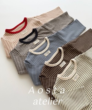 【Aosta】MomentボーダーリブTシャツ くすみブルー 70~90cm