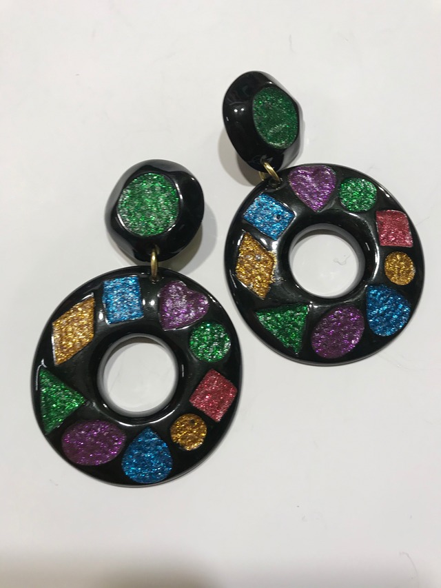 Vintage black × multicolor glitter earrings ( ヴィンテージ ブラック × マルチカラー グリッター イヤリング