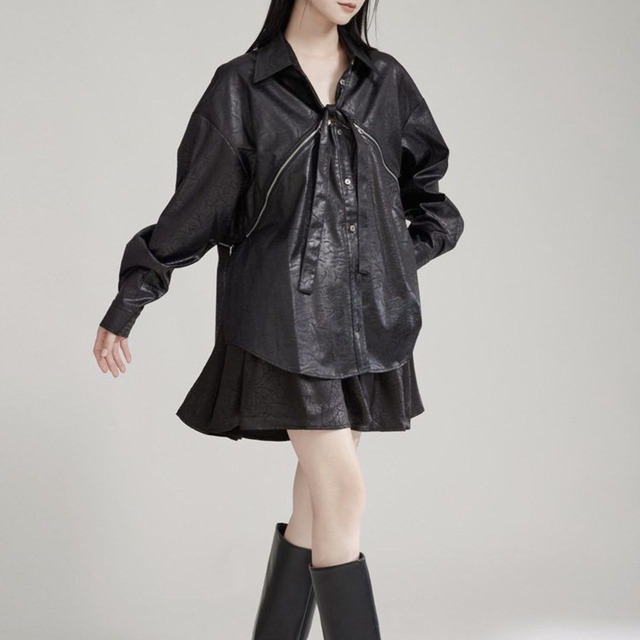 Fake leather oversized big silhouette shirt C0970