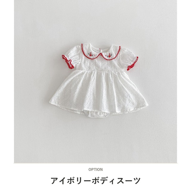 【BABY】フラワー刺繍丸襟半袖ロンパースワンピース - 2