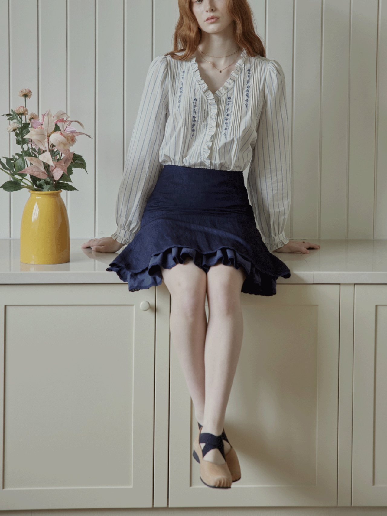 Poésie Bleue Embroidered Ruffle Blouse F0785