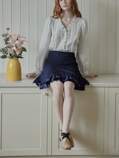 Poésie Bleue Embroidered Ruffle Blouse F0785