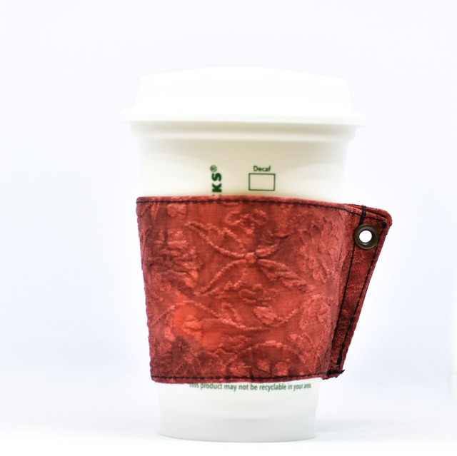帯 カップスリーブ コーヒースリーブ リメイク 日本製 赤 花柄 地獄模様 - cup sleeve