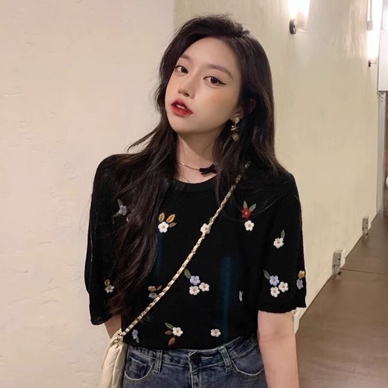 ブラックニットTシャツ サマースタイルルーズトップス 夏物 スーパーモール55897687420