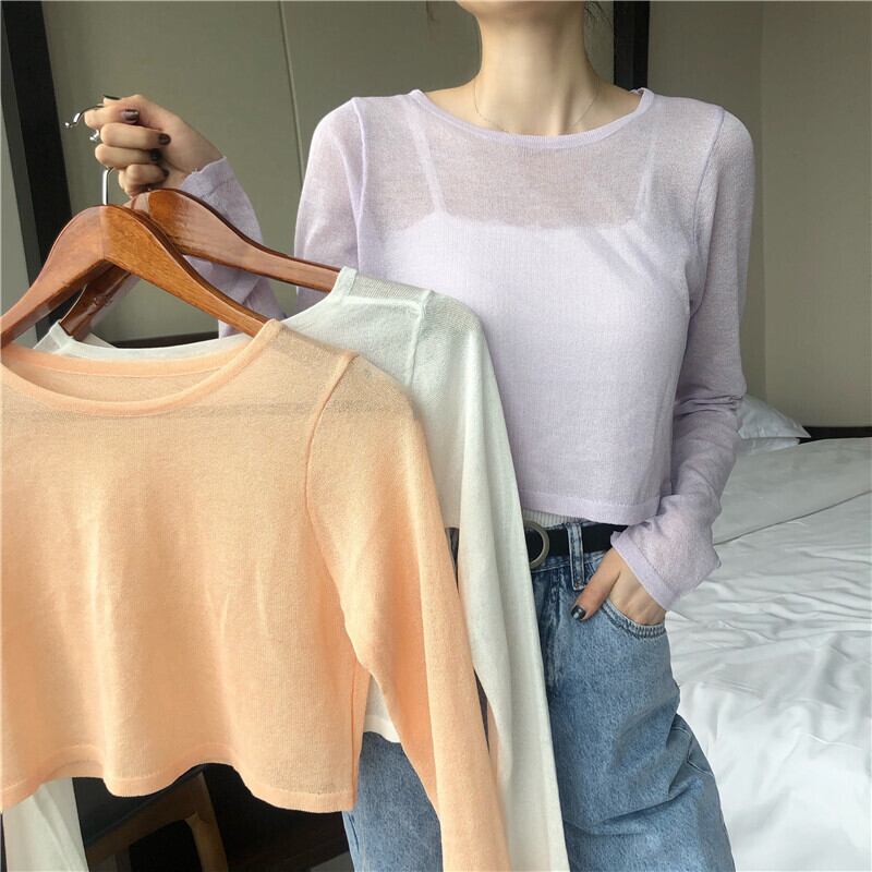 薄着の女性の2020年夏の新しいバージョンのワイルドショートサンスクリーントップマイクロパースペクティブ長袖ニットTシャツ 1号婦人71513415064