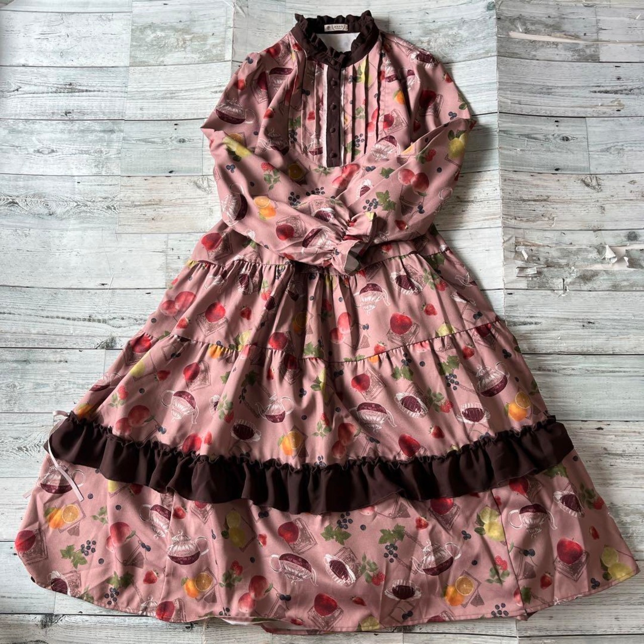 axes femme果物柄長袖ロングワンピースリボン付きピンク系MサイズT1  