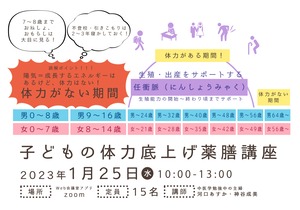 1月25日(水)「子どもの体力底上げ薬膳講座」“たぶん、世界一笑いながら学べる”中医学実践コース#15