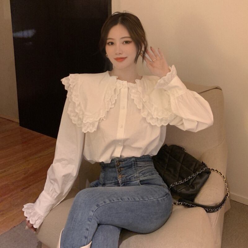 オータムレースルーズホワイトシャツ 秋物 ハンチェンe44964265210