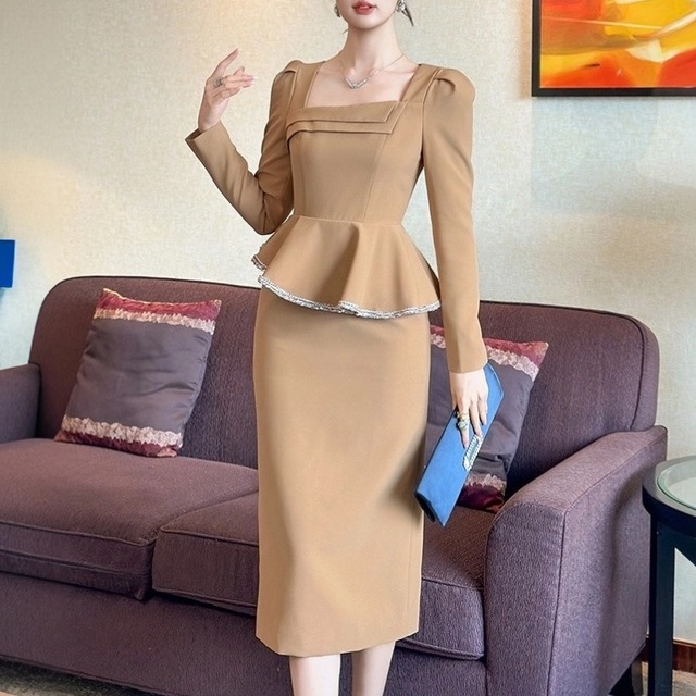 【夕暮薔薇シリーズ】ワンピース OL/フォーマル スクエアネック ライトブラウン S M L XL