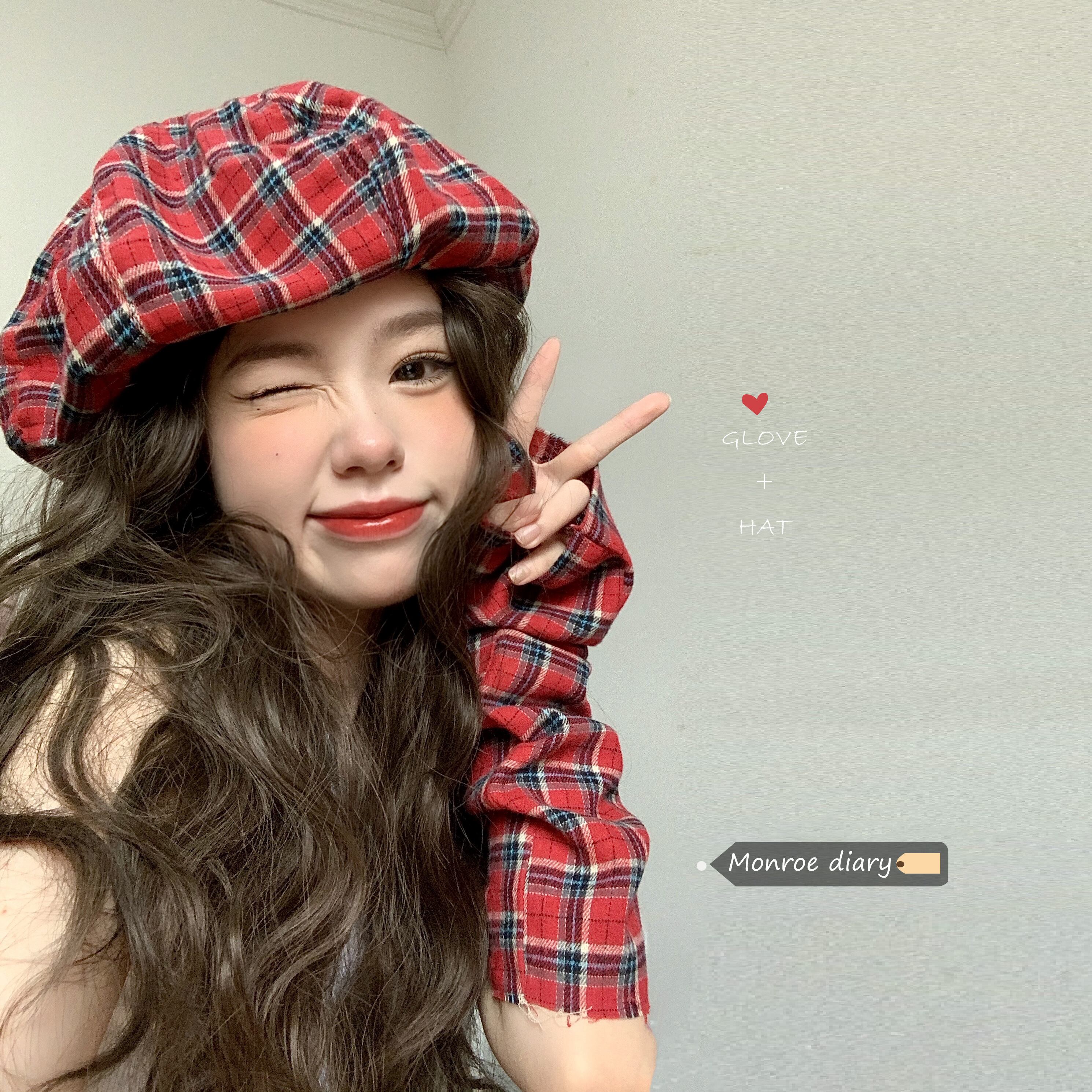 格子柄レッドサマーカジュアル薄手 帽子 夏物 ベレット ヘアアクセサリー モンロー37226303909
