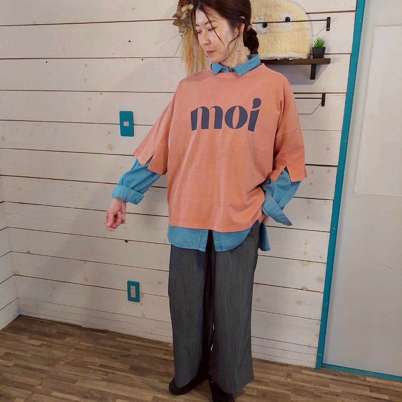 『People's』2766  ピグメント天竺 袖スリットプルオーバー Tシャツ　フリーサイズ