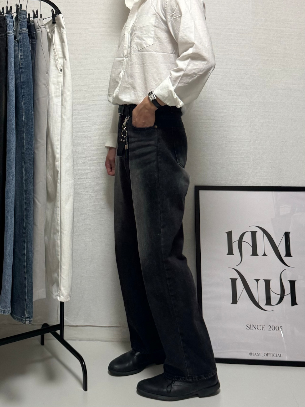 Vintage Washed Semi Wide Denim [Black] - 6