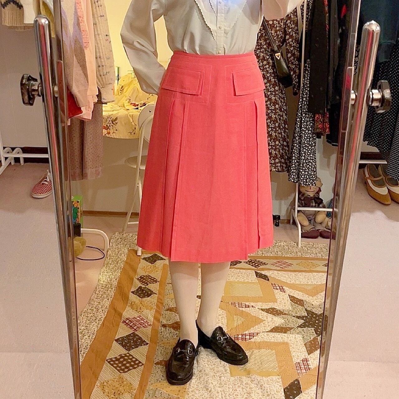 vivid pink white stitch tuck skirt