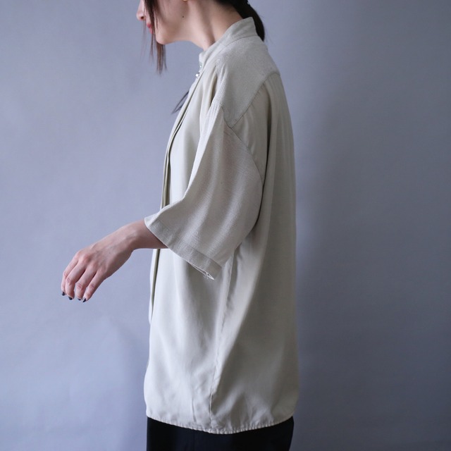 "刺繍" and crystal button switching fabric pleats design fry-front minimal over silhouette h/s shirt