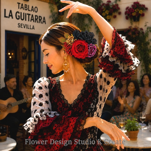 髪飾り 赤バラ×黒ダリアのブーケ風ヘアアクセサリー｜フラメンコ Flamenco｜成人式・浴衣・ウェディングにも｜和装洋