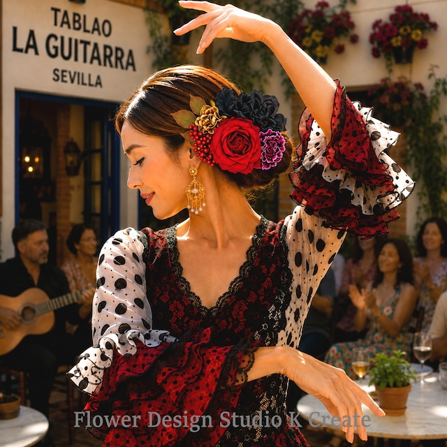 髪飾り 赤バラ×黒ダリアのブーケ風ヘアアクセサリー|フラメンコ Flamenco|成人式・浴衣・ウェディングにも|和装洋