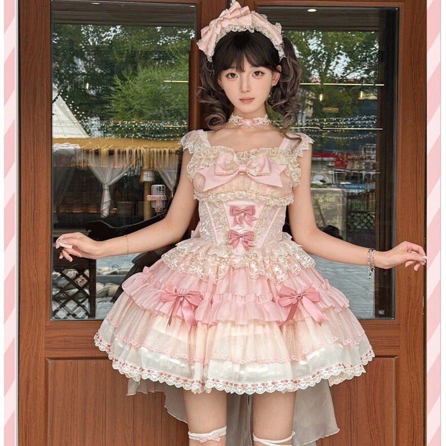 王道ガーリー系 JSK グラデーションフリルとリボンが彩る姫系ドレス