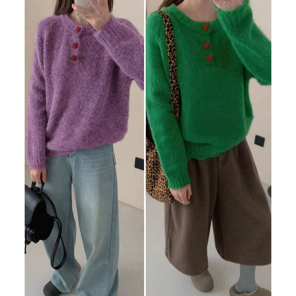 ニット 起毛 長袖 ハーフボタン レディース 春秋冬 韓国 トップス おしゃれ 大人 カジュアル きれいめ ハートボタン 無地 ゆったり ガーリー フェミニン 大人可愛い 大人女子