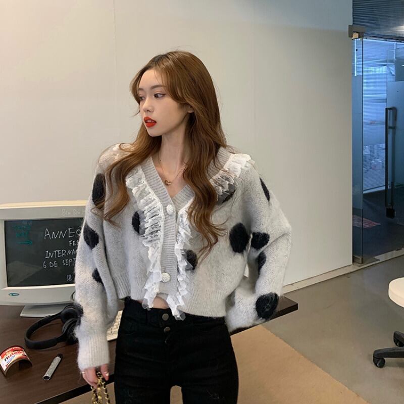 セーター レースラッフルルーズショートニットトップス スプリングカーディガンジャケット 春物 ブラックストロベリース99154573659