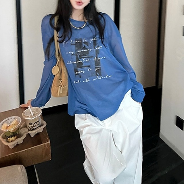 モノクロプリントセミシアーＴシャツ［XS-L］