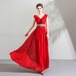 イブニングドレス マキシ丈 Vネック フリル メッシュレース クリスタル レッド ノースリーブ パーティー レディース　BADA0048