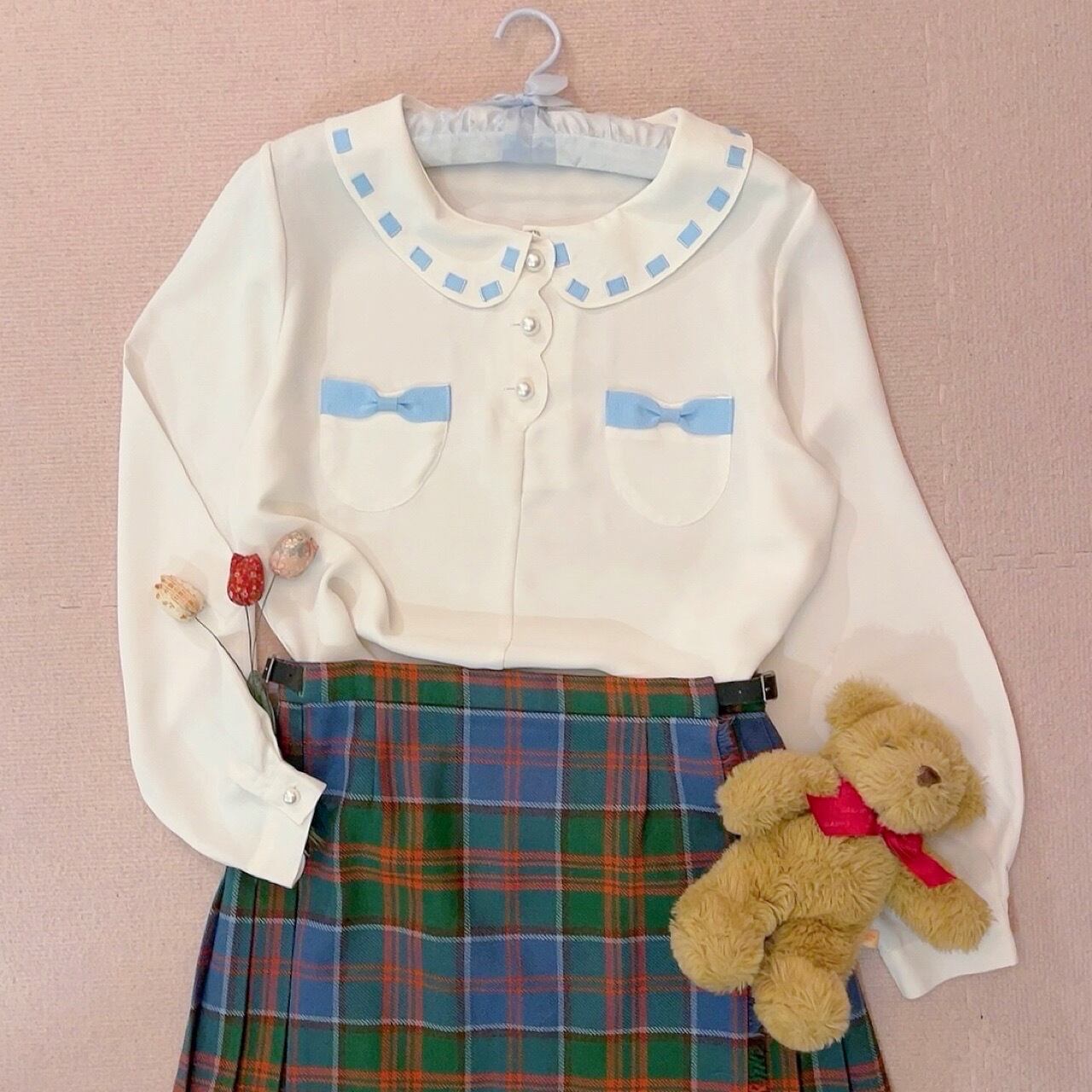 light blue ribbon white blouse