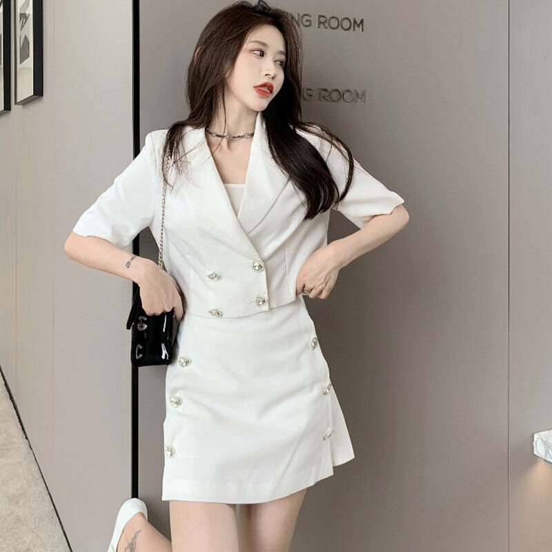 スタンダードショートジャケット ハイウェストウェスト薄手Aラインスカート サマー レトロ 夏物 ガールズファッション9102534634