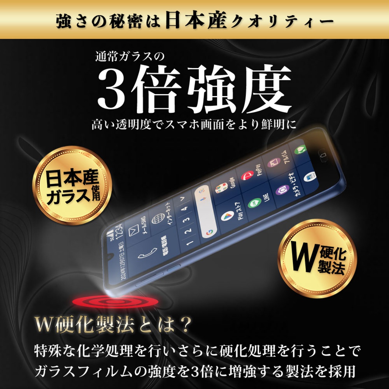 Hy+ らくらくスマートフォンa らくらくスマートフォン Lite フィルム ガラスフィルム W硬化製法 一般ガラスの3倍強度 全面保護 全面吸着 日本産ガラス使用 厚み0.33mm