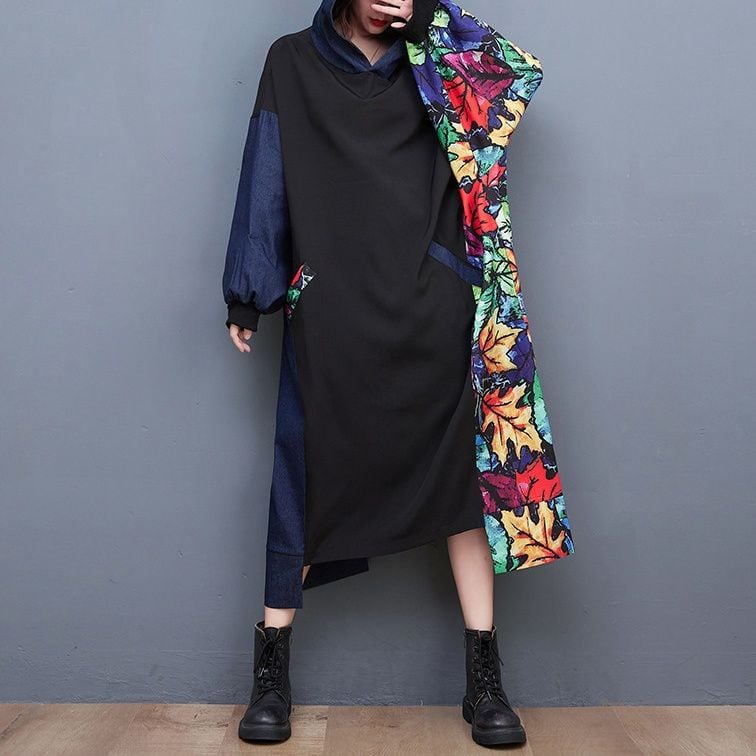 PRINT HOODED PANEL RELAXED MIDI DRESS M-18330
