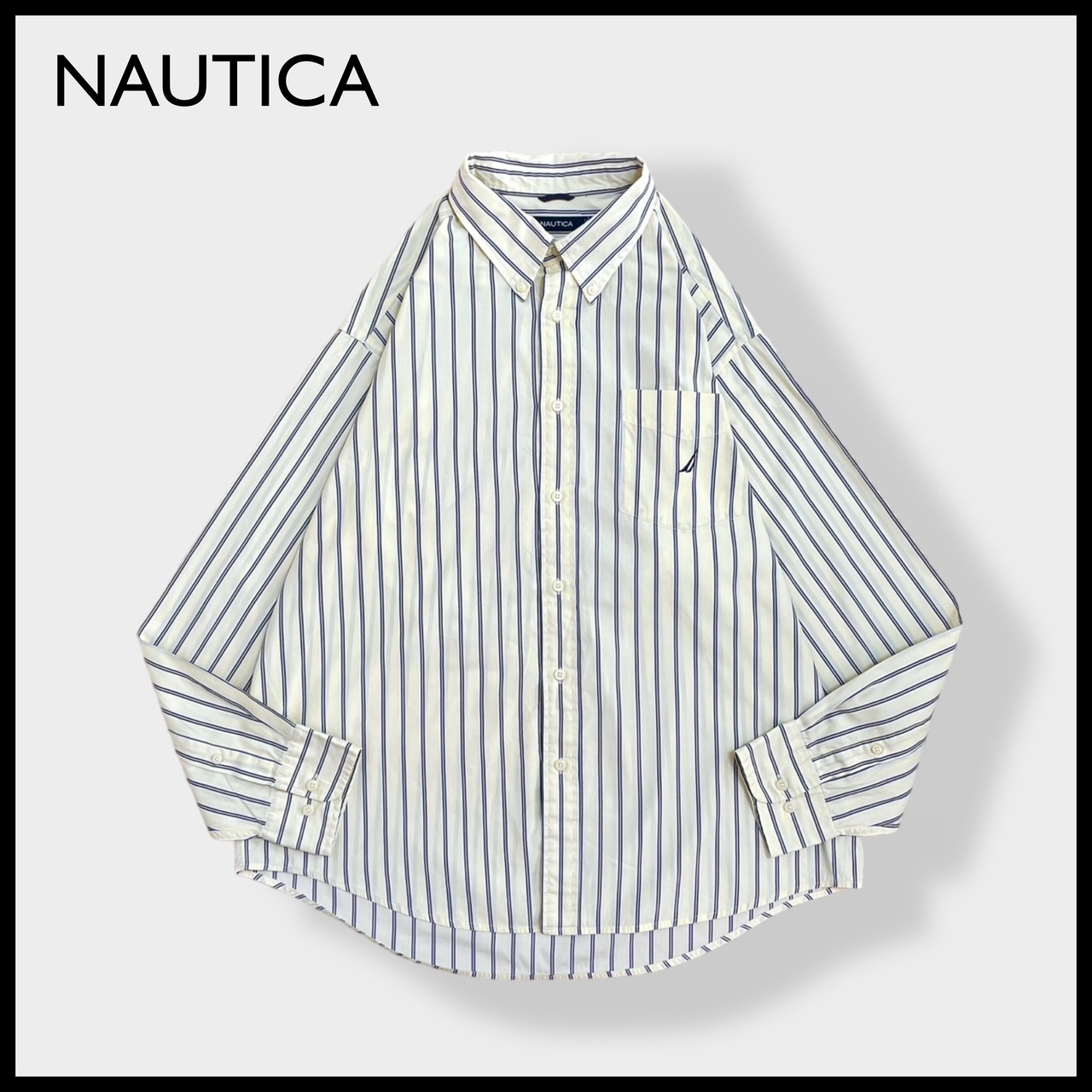 【NAUTICA】ストライプシャツ 長袖シャツ 刺繍ロゴ ワンポイント コットン ボタンダウン カジュアルシャツ ライトイエロー XL ビッグシルエット ノーティカ US古着