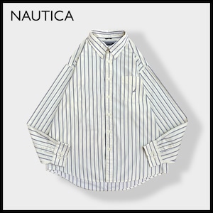 【NAUTICA】ストライプシャツ 長袖シャツ 刺繍ロゴ ワンポイント コットン ボタンダウン カジュアルシャツ ライトイエロー XL ビッグシルエット ノーティカ US古着