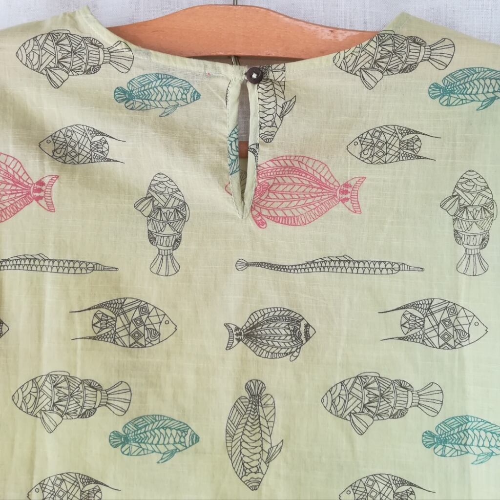 【美品】TOKUKO1erVOL アートプリント 魚　五分袖チュニック 魚柄 ミニ ワンピース チュニック Fish printed India cotton dress