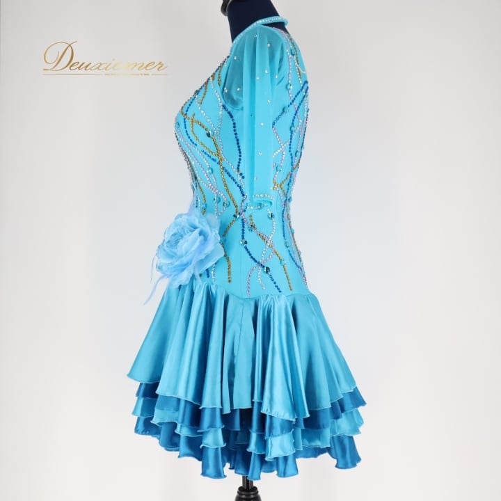 社交ダンス 衣装 ラテン ドレス ワンピース 水色 レース フリル 青