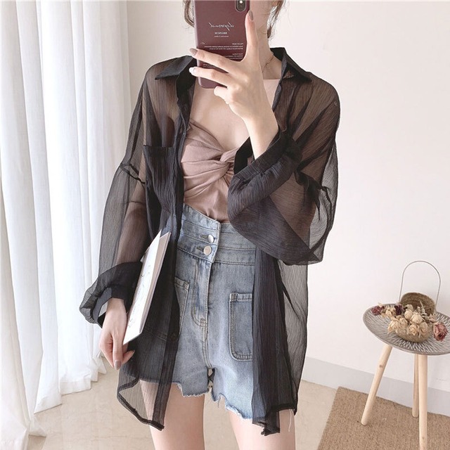 サマー薄手ルーズシャツ カジュアルシフォントップス ロング 夏物 ガールズファッション36497324049