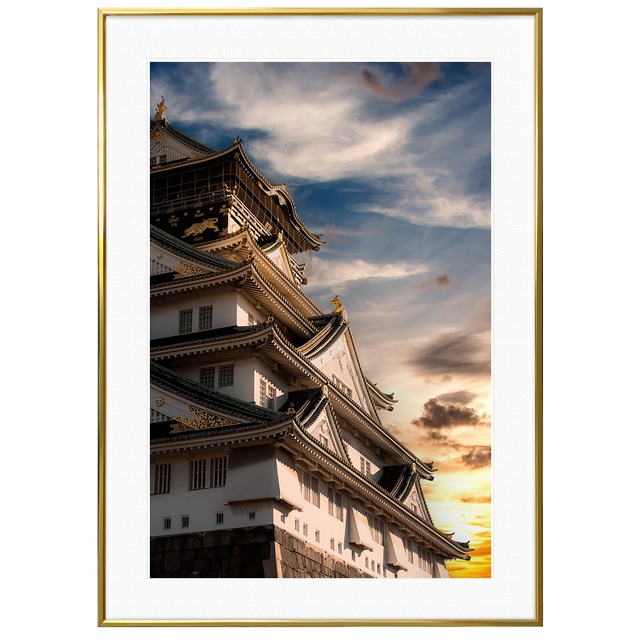 夕日写真 日本 夕焼けを背にする大阪城 インテリアアートポスター額装 AS1679