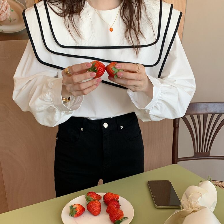 ✨新品未使用✨OHGA✨セーラーカラーブラウス✨定価2万円✨完売品♡翌日発送♡ パイピングセーラーカラーブラウス】ビッグカラー シャツ 長袖 クルー